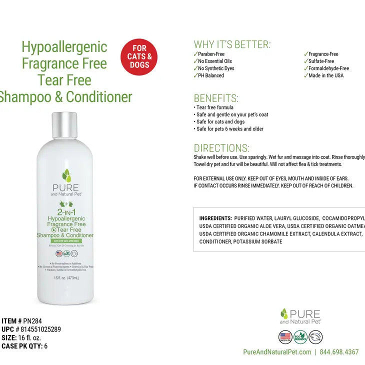 2 N 1 Hypoallergenic & Tear Free Pet Shampoo by Pure & Natural Pet
