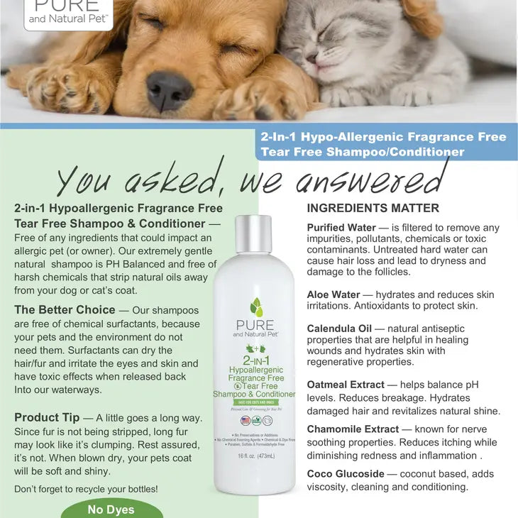 2 N 1 Hypoallergenic & Tear Free Pet Shampoo by Pure & Natural Pet